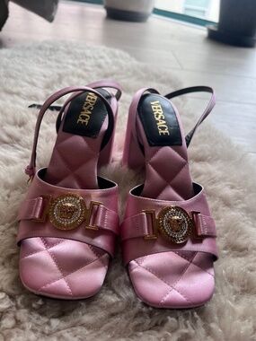 Versace Pink Satin Medusa Block Heel Sandals EU 38 / US 8 – Unworn